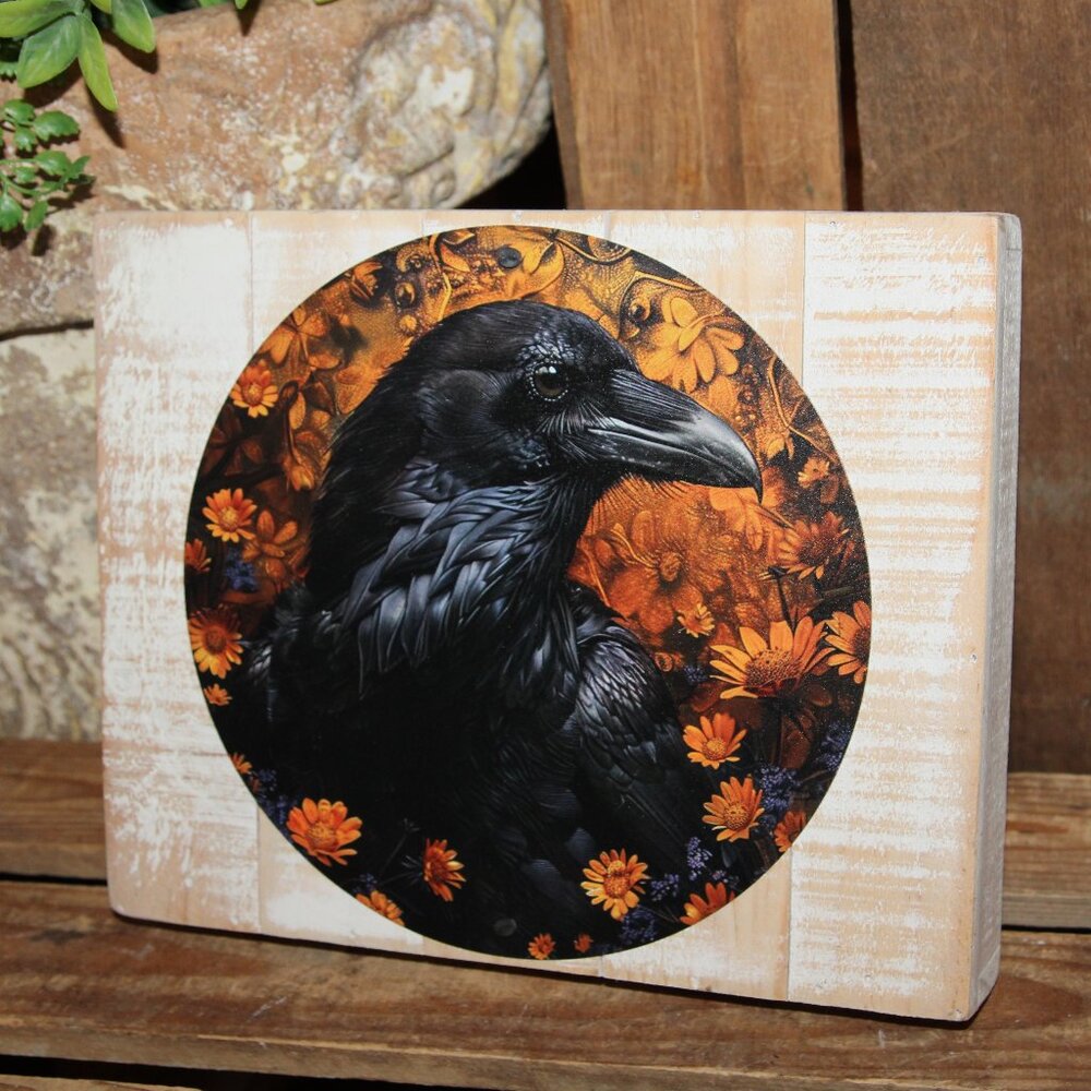NEW Distressed Black Raven Crow Bird Rustic Farmhouse Wall Decor Pallet Box Sign